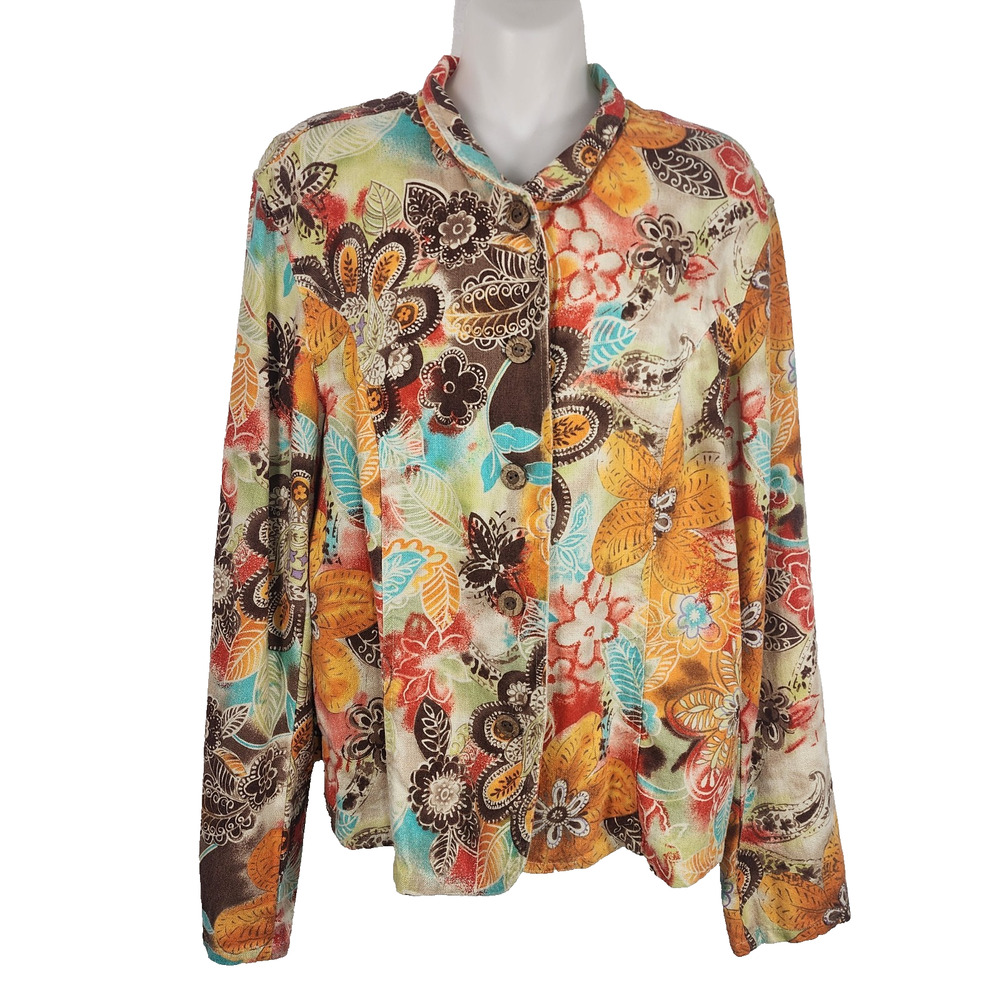 Coldwater Creek Women's Blazer Jacket Large Linen Blend Colorful Floral Button
